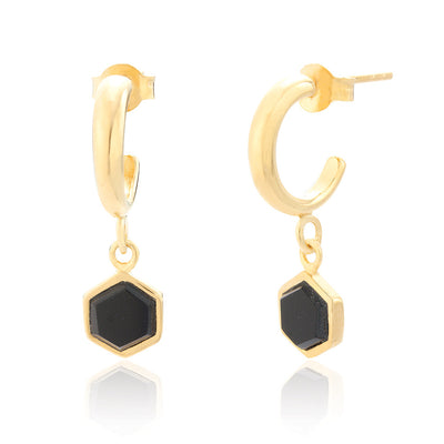 Ophelia Black Onyx Hexagon Gold Hoop Earrings