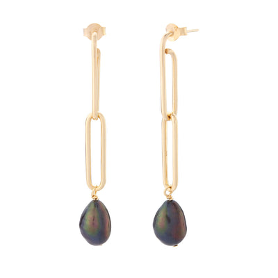 Elvie Ovate Black Pearl Gold Drop Earrings