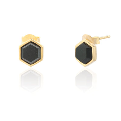 Ophelia Hexagon Black Onyx Gold Stud Earrings